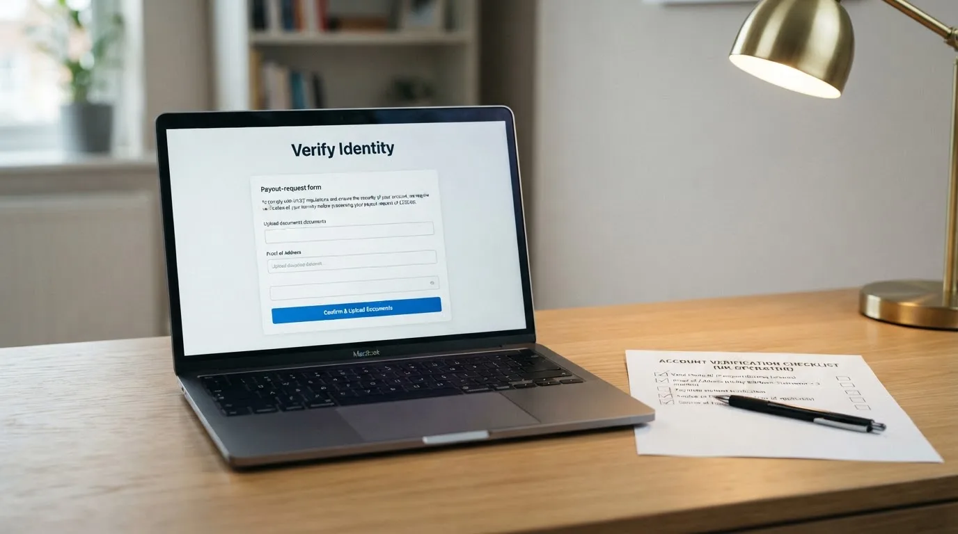 A laptop open on a payout-request screen next to a printed identity-check checklist and a pen.
